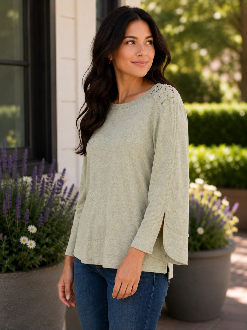 Rafaella Sage Green Lattice Shoulder Layered Sleeve Knit Top Medium